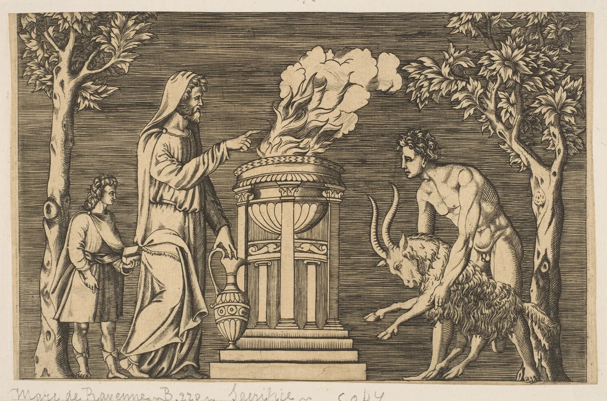 The sacrifice of a ram held by a naked man at right, hooded priest at left with a young attendant by anonymous, print, 1515-1600