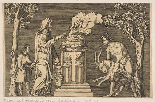 The sacrifice of a ram held by a naked man at right, hooded priest at left with a young attendant by anonymous, print, 1515-1600