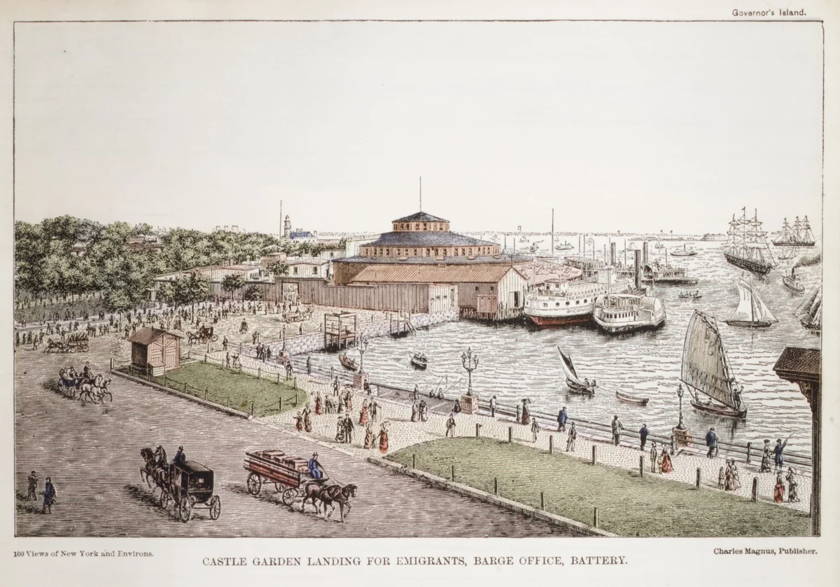 Castle Garden Landing for Emigrants, Barge Office, Battery by Charles Magnus & Company, print, 1850-1900