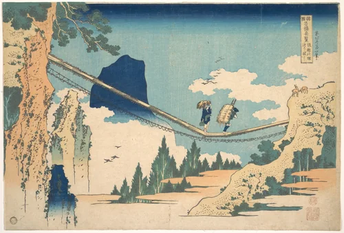 The Suspension Bridge on the Border of Hida and Etchū Provinces (Hietsu no sakai tsuribashi), from the series Remarkable Views of Bridges in Various Provinces (Shokoku meikyō kiran) by Katsushika Hokusai (葛飾 北斎), print, 1820-1840