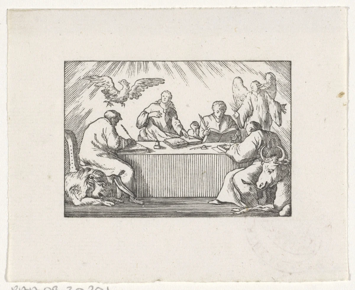 Vier evangelisten schrijven hun evangelie by Hendrik Numan, print, 1746-1788