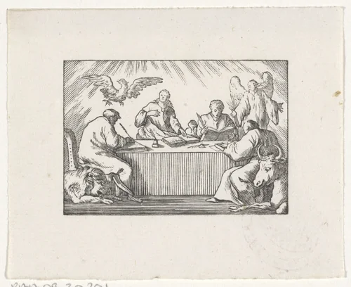 Vier evangelisten schrijven hun evangelie by Hendrik Numan, print, 1746-1788