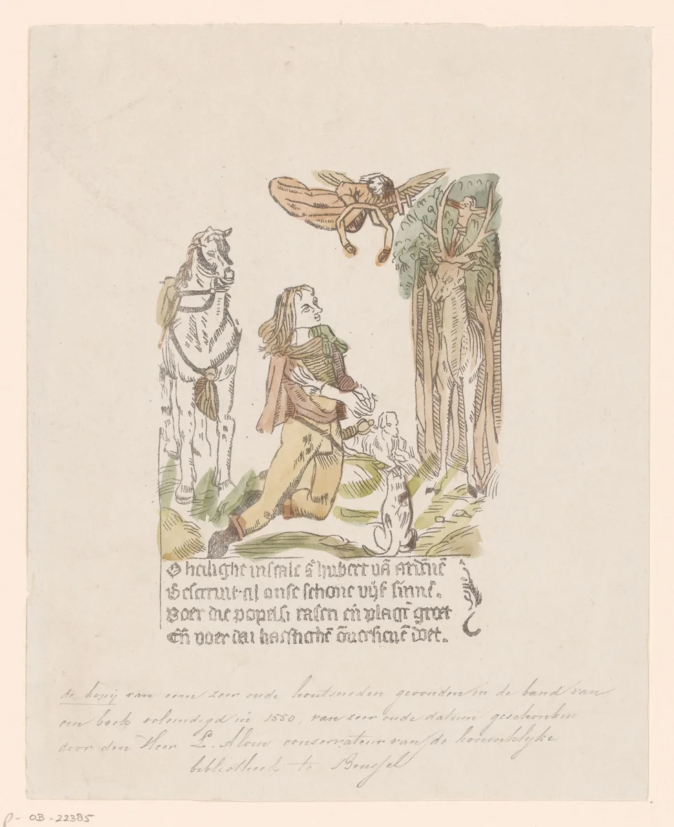 De verschijning van het hert aan de heilige Hubertus by anonymous, print, 1550