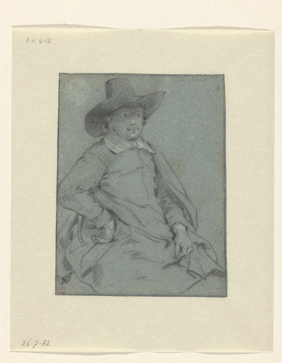 Zittende man met hoed en mantel, naar rechts by Jacob Adriaensz Backer, drawing, 1618-1651