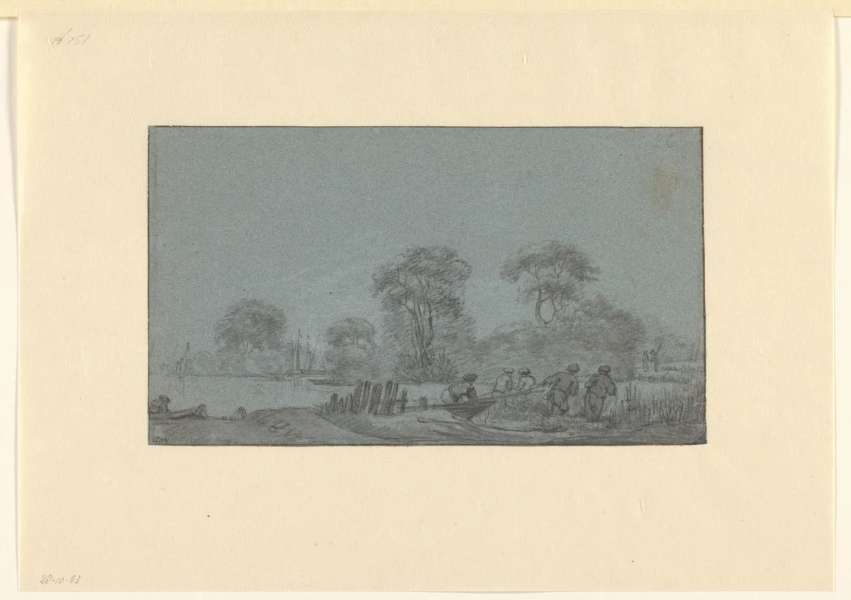Riviergezicht met een bootje voortgetrokken door vier mannen by Jacob Esselens, drawing, 1636-1687