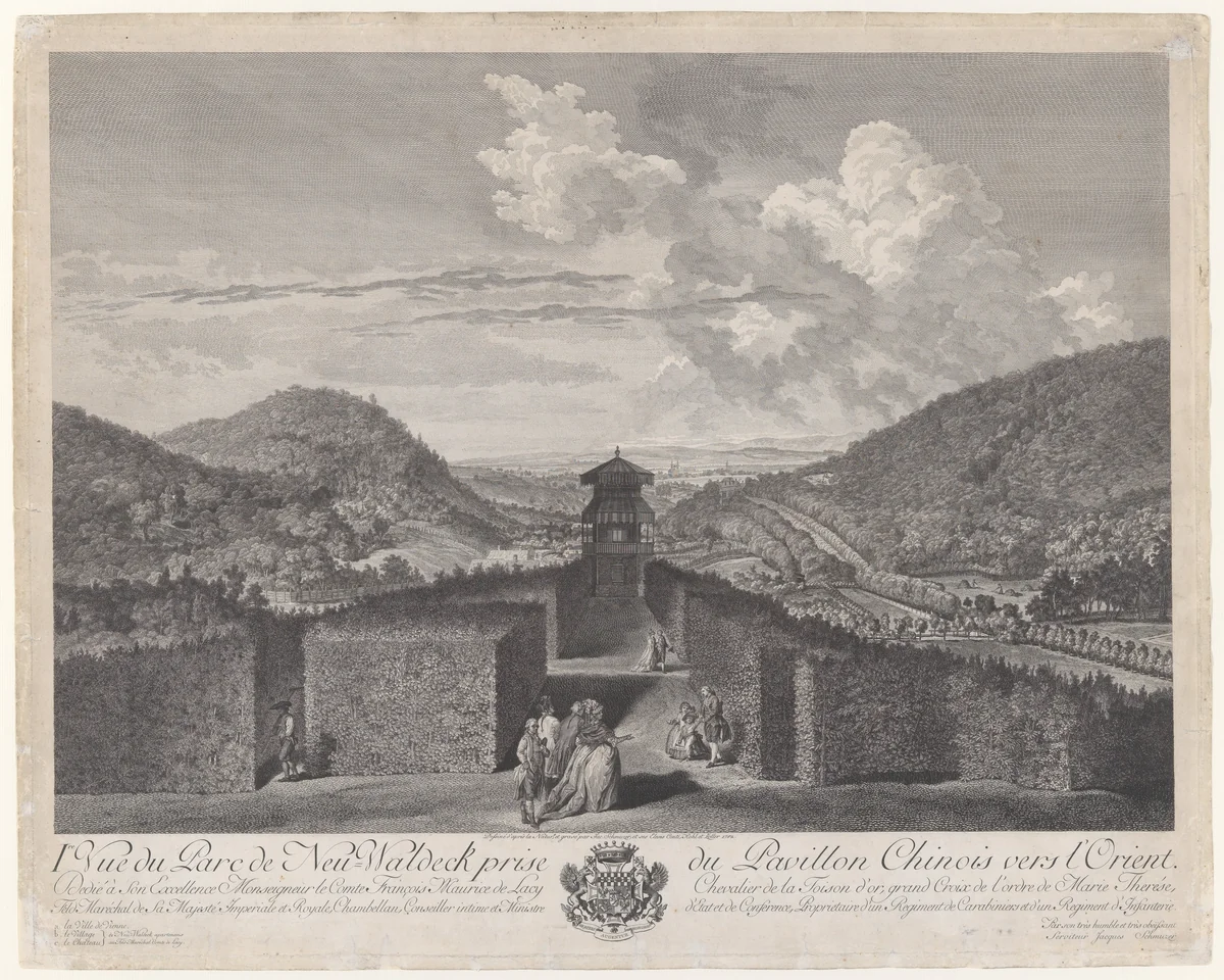 Ier Vue du Parc de Neu-Waldeck prise du Pavillon Chinois vers l'Orient, from Views of the Park and Gardens of Marshal Count de Lacy at Neu-waldegg by Jakob Matthias Schmutzer, print, 1782