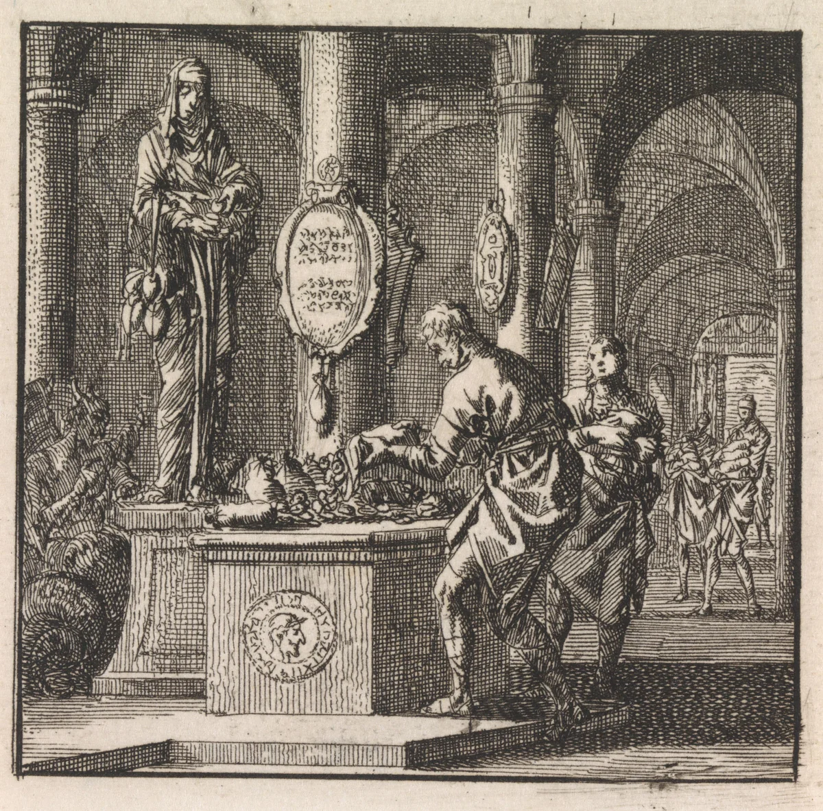 Man stort geld uit voor een sculptuur van Gierigheid by Jan Luyken, print, 1710