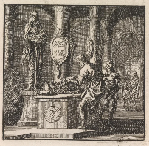 Man stort geld uit voor een sculptuur van Gierigheid by Jan Luyken, print, 1710