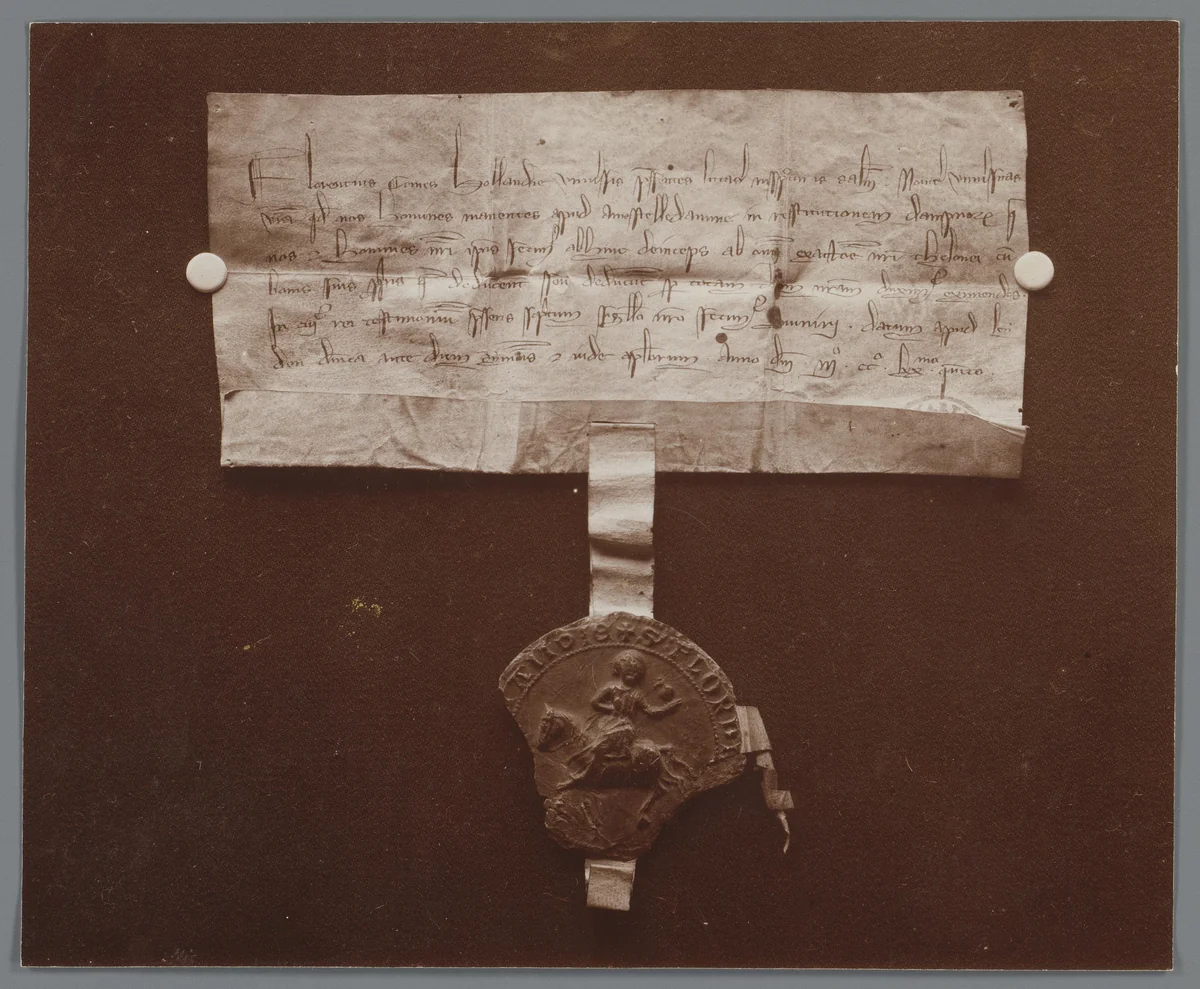 Fotoreproductie van beschreven perkament met zegel by anonymous, photograph, 1880-1920