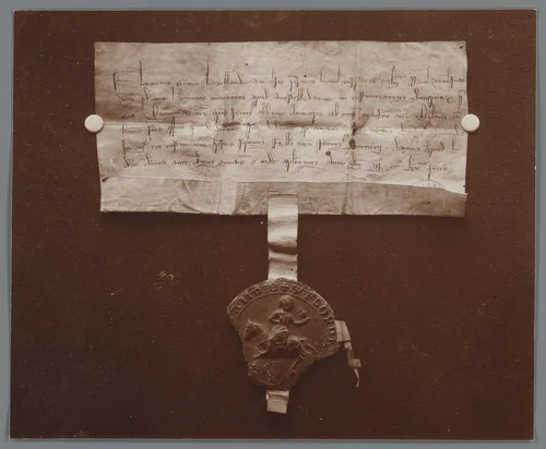 Fotoreproductie van beschreven perkament met zegel by anonymous, photograph, 1880-1920