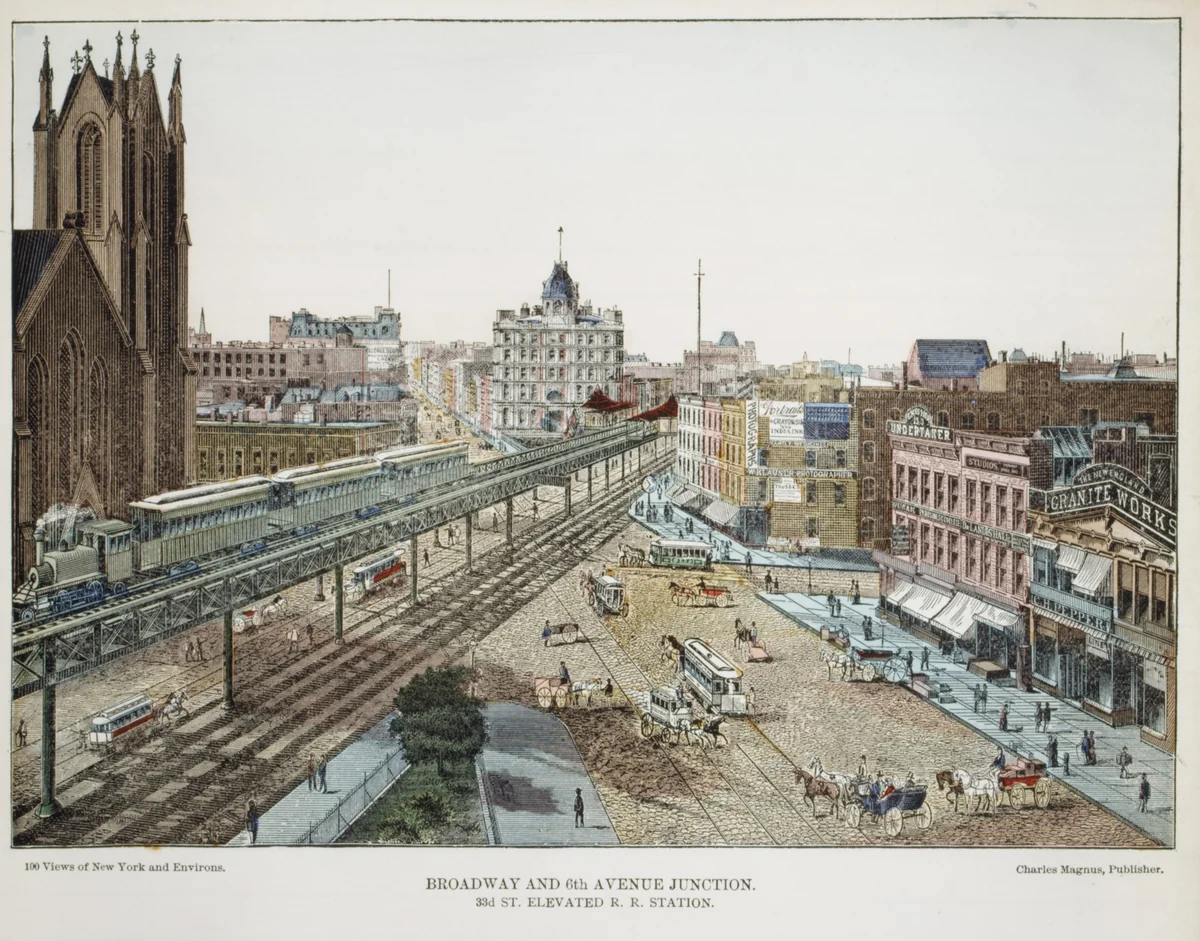 Broadway and 6th Avenue Junction. 33rd St. Elevated R.R. Station by Charles Magnus & Company, print, 1850-1900