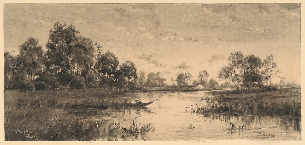 Evening on a River with a Boatman by Charles A. Walker, print, 1885