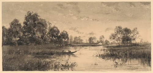 Evening on a River with a Boatman by Charles A. Walker, print, 1885