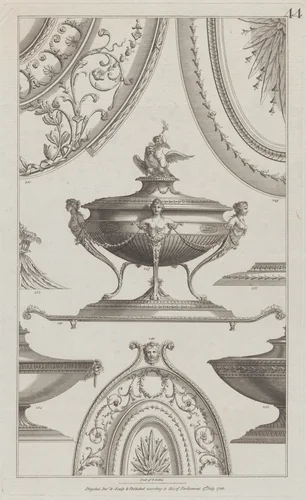 Vases and Vessels, nos. 248–254, plate 44 from "Designs for Various Ornaments" by Michelangelo Pergolesi, print, 1782