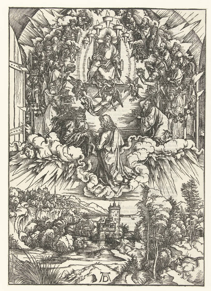 Johannes de Evangelist knielt voor Christus en het lam met de zeven hoorns en de zeven ogen by Unknown, print, 1496