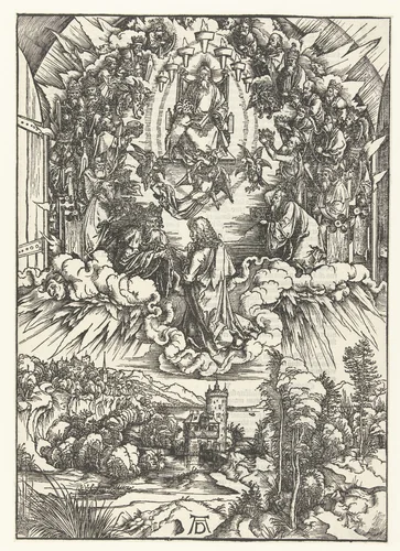 Johannes de Evangelist knielt voor Christus en het lam met de zeven hoorns en de zeven ogen by Unknown, print, 1496