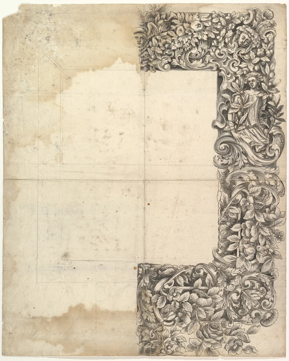 Design for a Carved Mirror Frame (right side only) by anonymous, drawing, 1670-1690