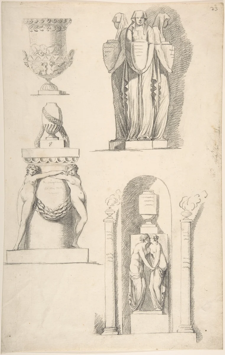 A Vase and Classical Monuments Carved with Hooded Women Carrying Urns, Two Females Embracing Beneath a Vase and Two Nude Female Figures Supporting a Vase by Thomas Hardwick, drawing, 1776-1779