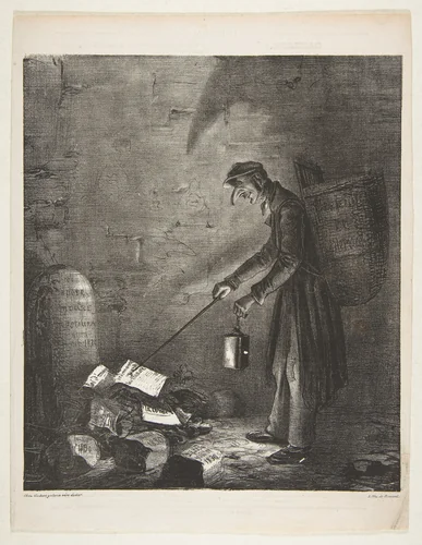 Masked Man using a Lantern to Collect Discarded Pamphlets by a Tombstone, from "Le Charivari" by Benard, print, 1825-1835