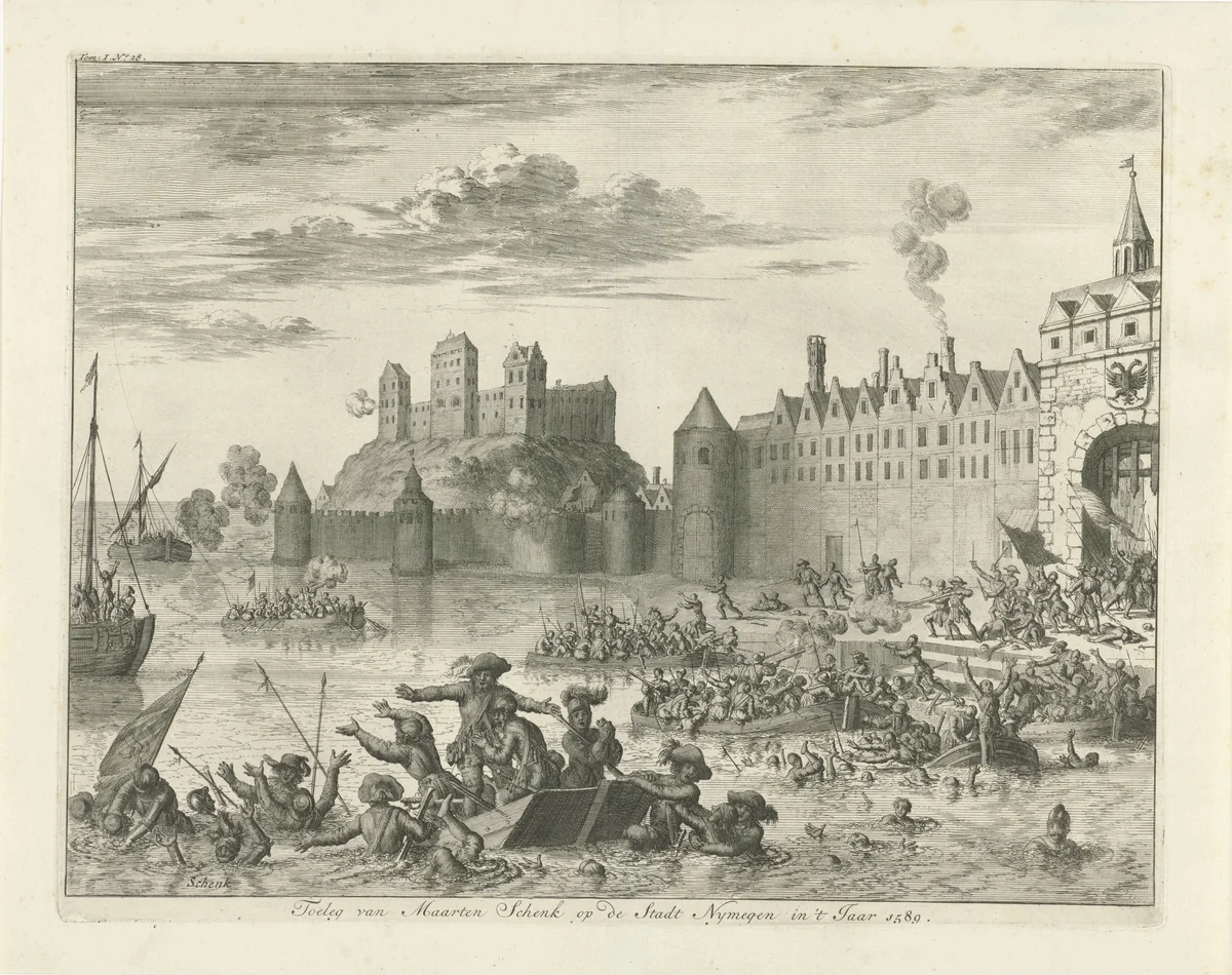 Aanslag van Maarten Schenck op Nijmegen, 1589 by Jan Luyken, print, 1730-1738