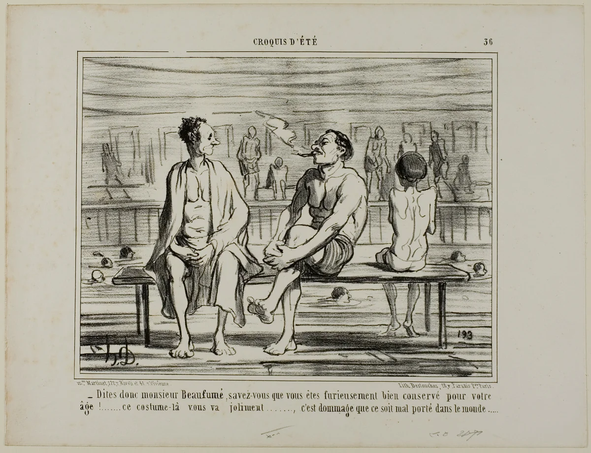 “You know, Monsieur Beaufumé, actually you have kept damned well considering your age. This costume suits you perfectly.... just too bad that it does not look good on everybody,” plate 36 from Croquis D'été by Honoré-Victorin Daumier, print, 1858
