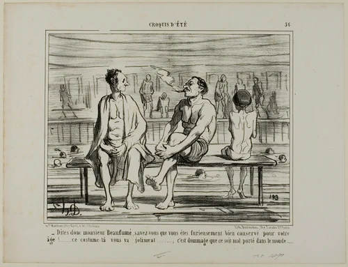 “You know, Monsieur Beaufumé, actually you have kept damned well considering your age. This costume suits you perfectly.... just too bad that it does not look good on everybody,” plate 36 from Croquis D'été by Honoré-Victorin Daumier, print, 1858