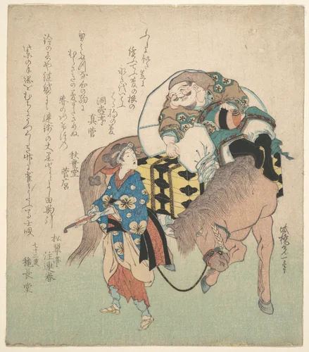 The God of Good Fortune Daikoku, on Horseback, Being Led by an Ohara Maiden by Hokkyō Kōitsu, print, 1834