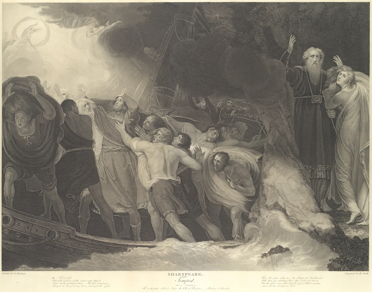 The Enchanted Island, Before the Cell of Prospero - Prospero and Miranda (Shakespeare, The Tempest, Act 1, Scene 1) by Benjamin Smith, print, 1797-1852