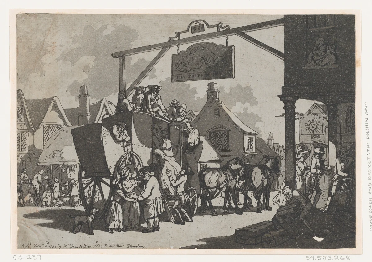 Stage Coach Setting Down at the Dolphin Inn by Thomas Rowlandson, print, 1788