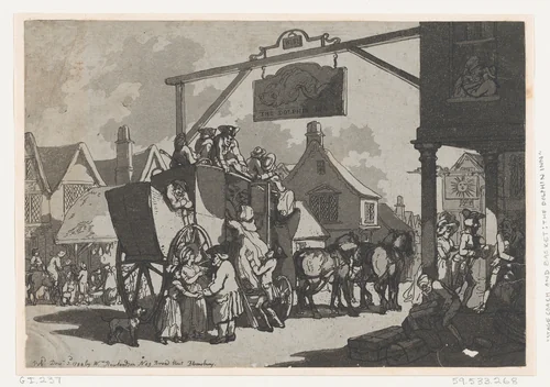 Stage Coach Setting Down at the Dolphin Inn by Thomas Rowlandson, print, 1788