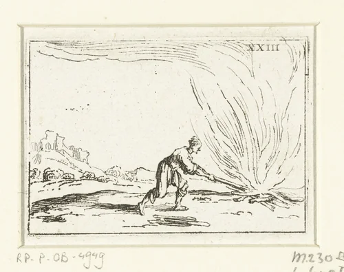 Een man stookt een vuur op by Jacques Callot, print, 1625-1629