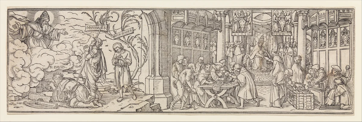 The Selling of Indulgences by Hans Holbein the Younger, print, 1510-1543