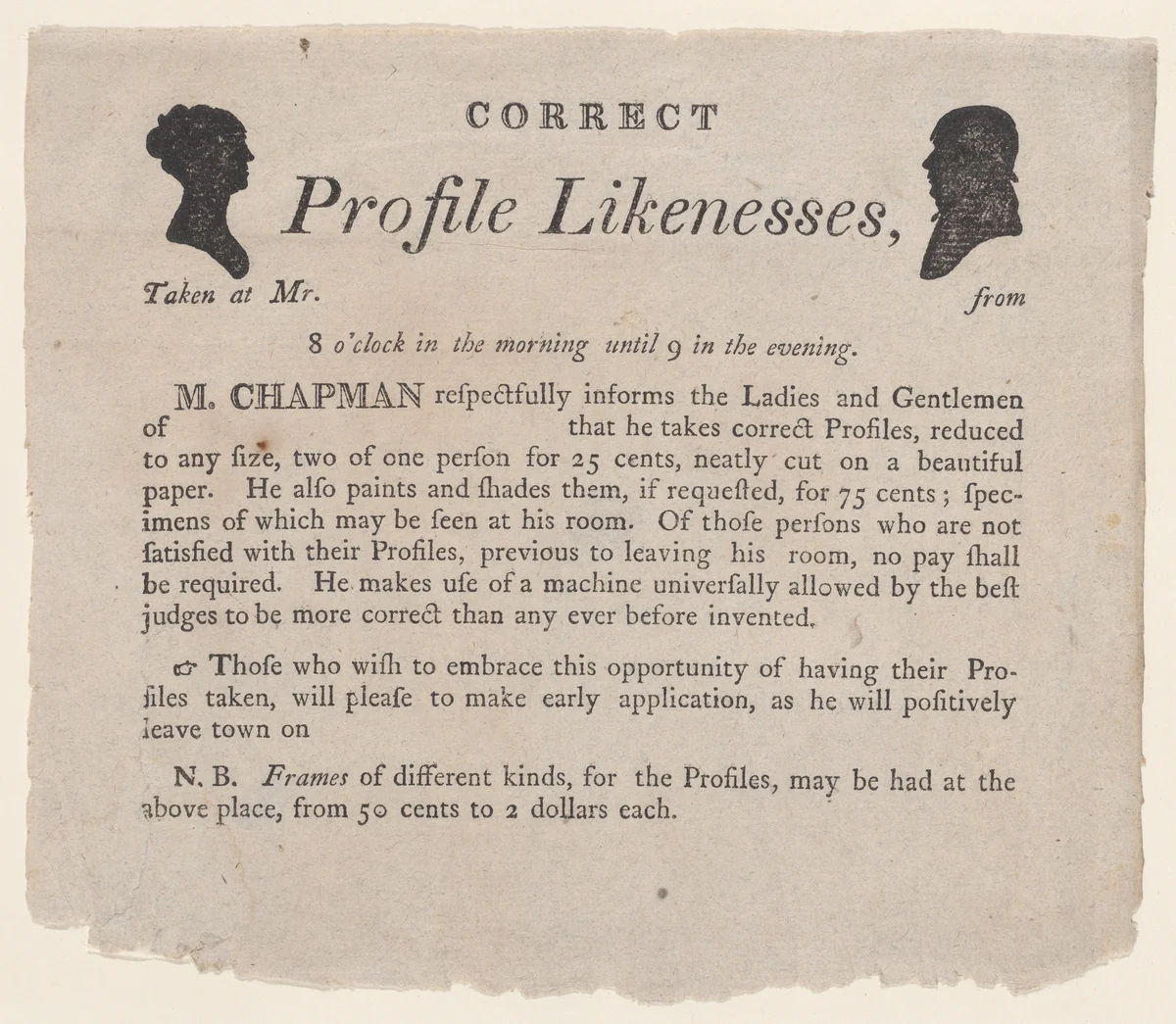Advertisement for profile likenesses by Moses Chapman by anonymous, print, 1803-1821
