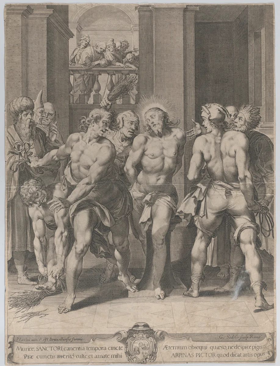 The Flagellation of Christ, with floggers on either side and figures watching from a balcony above in the background by Aegidius Sadeler II, print, 1593