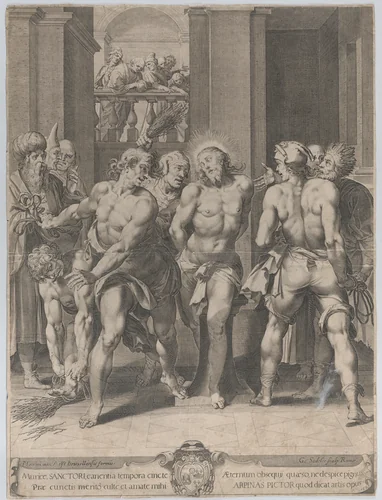 The Flagellation of Christ, with floggers on either side and figures watching from a balcony above in the background by Aegidius Sadeler II, print, 1593