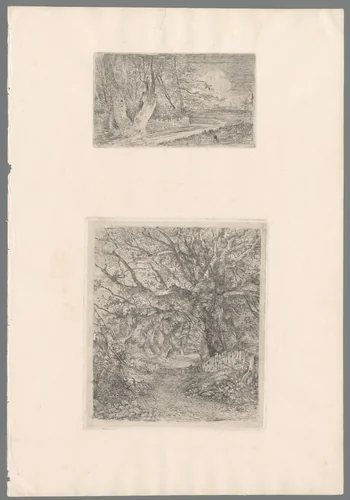 Houten hek over een pad dat tussen bomen doorloopt by John Crome, print, 1813