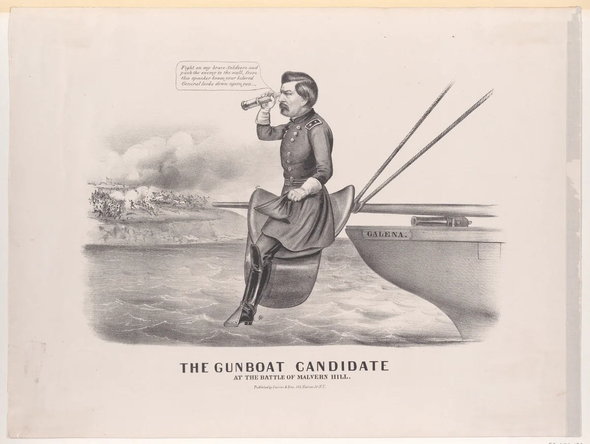 The Gun Boat Candidate, At the Battle of Malvern Hill by Louis Maurer, print, 1862