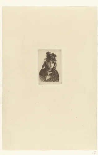 Portret van kunstenares Berthe Morisot met hoed by Edouard Manet, print, 1872