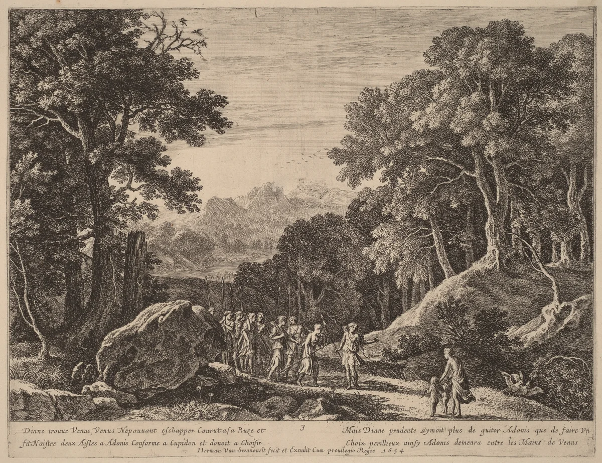 Venus Offering Diana a Choice between Cupid and Adonis by Herman van Swanevelt, print, 1600-1655