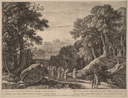 Venus Offering Diana a Choice between Cupid and Adonis by Herman van Swanevelt, print, 1600-1655