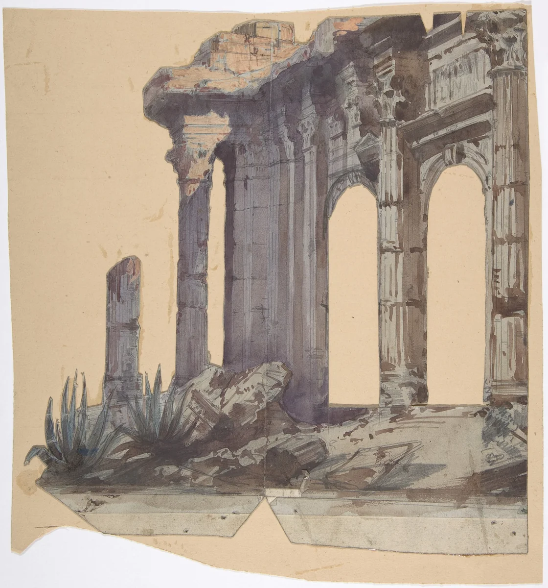 Design for a Stage Set at the Opéra, Paris: Columned Exterior by Eugène Cicéri, drawing, 1828-1890