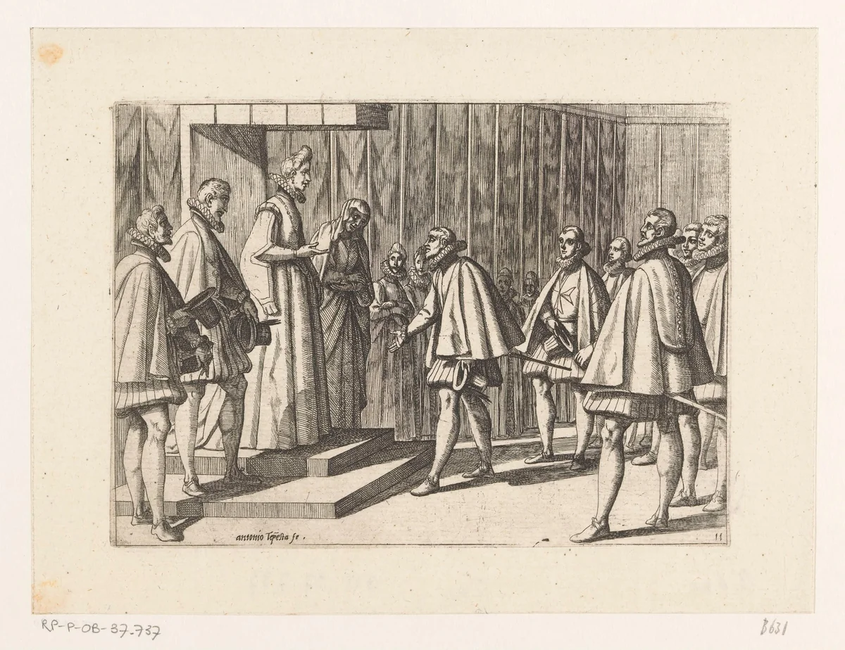Ambassadeurs van Italiaans heerser voor Margaretha van Oostenrijk by Unknown, print, 1565-1630