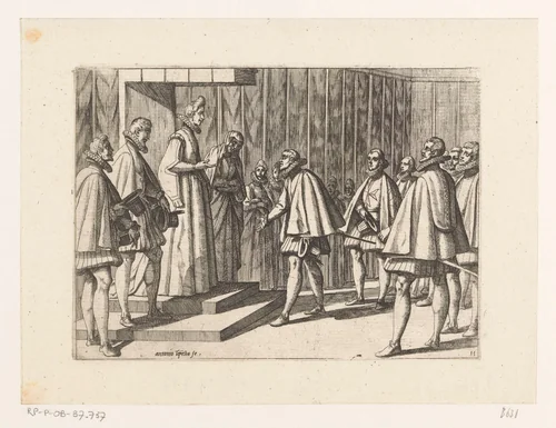 Ambassadeurs van Italiaans heerser voor Margaretha van Oostenrijk by Unknown, print, 1565-1630