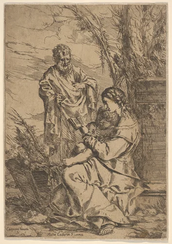 Holy Family with the Virgin reading, the Virgin sits in profile with a book in her left hand and the Child facing the viewer, Joseph stands behind them with a staff in his right hand by Giulio Carpioni, print, 1640-1660