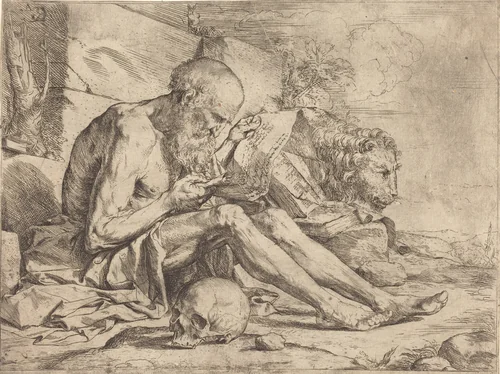 Saint Jerome Reading by Jusepe de Ribera, print, 1624