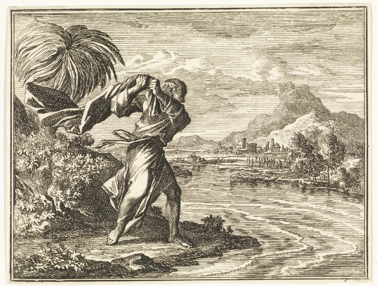 Elisa slaat het water van de Jordaan met de mantel van Elia by Jan Luyken, print, 1712