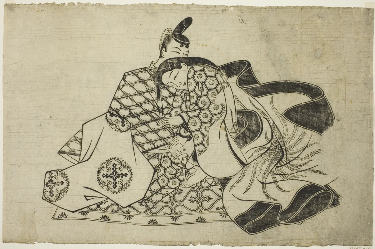 A sheet from a shunga album by Japanese, print, 1679