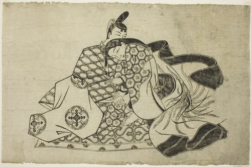 A sheet from a shunga album by Japanese, print, 1679