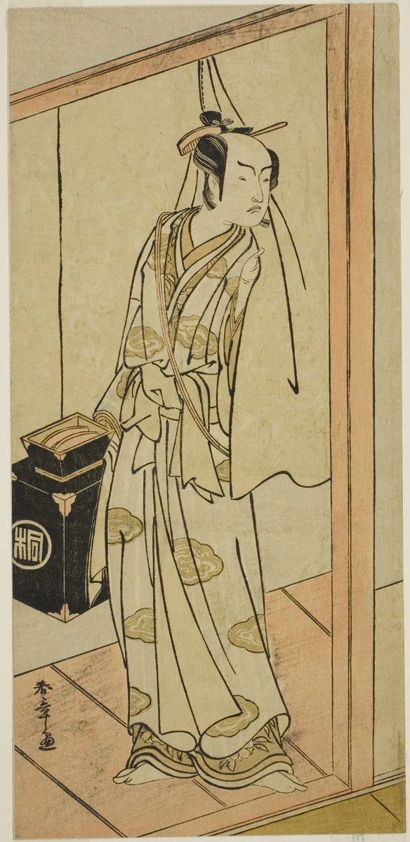 The Actor Arashi Sangoro II as the Hairdresser Obana Saizaburo in the Play Koi Musume Mukashi Hachijo, Performed at the Nakamura Theater in the Third Month, 1776 by Katsukawa Shunsho (勝川 春章), print, 1771-1781
