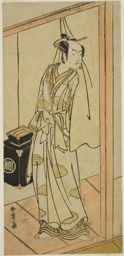 The Actor Arashi Sangoro II as the Hairdresser Obana Saizaburo in the Play Koi Musume Mukashi Hachijo, Performed at the Nakamura Theater in the Third Month, 1776 by Katsukawa Shunsho (勝川 春章), print, 1771-1781